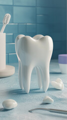 “3D Dental Care Concept with Tooth Model and Pastel Dental Tools – Oral Hygiene Illustration”

