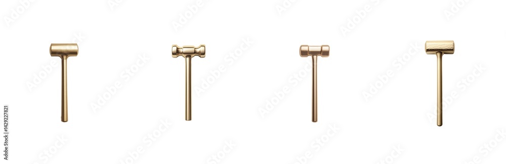 Poster four golden hammers with different textures and designs aligned in a horizontal row