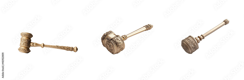 Poster golden hammer with intricate carvings depicted from multiple angles in detailed display