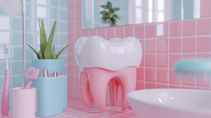 “3D Dental Care Concept with Tooth Model and Pastel Dental Tools – Oral Hygiene Illustration”

