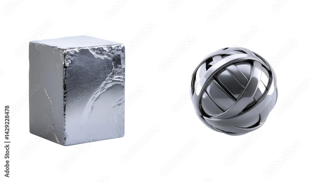 Poster shiny metal cube and intricate sphere with reflective surfaces in close-up view