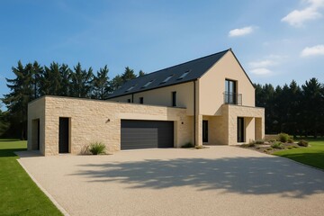 Maison contemporaine &agrave; deux niveaux avec fa&ccedil;ade en pierre et cr&eacute;pi clair, garage double int&eacute;gr&eacute;, toit en ardoise &agrave; pente douce, et all&eacute;e en gravier blanc, entour&eacute;e de pelouse soign&eacute;e et d'une rang&eacute;e