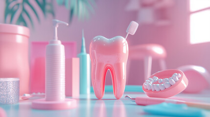 “3D Dental Care Concept with Tooth Model and Pastel Dental Tools – Oral Hygiene Illustration”

