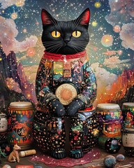 Fototapeta premium Yokai cat floating in deep space while playing musical instruments