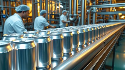 Freshly produced aluminum cans travel on a conveyor belt inside a beverage production facility, symbolizing the dynamic food and drink manufacturing industry.