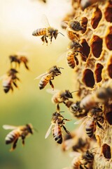 Buzzing bees swarming honey comb