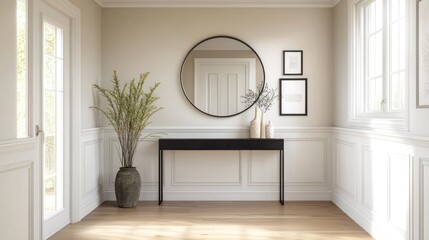 Fototapeta premium Modern entryway console table, mirror, decor. Home interior design
