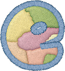 Colorful alphabet patchwork letter lowercase e with embroidery details in textile design
