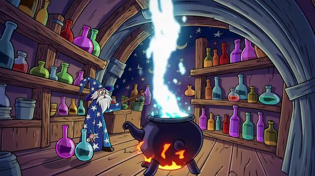 A cartoon wizard is depicted in beautiful animation as it prepares a potion in a cauldron, accompanied by a bright beam of light rushing upwards, presented as  footage, showcasing a cute and