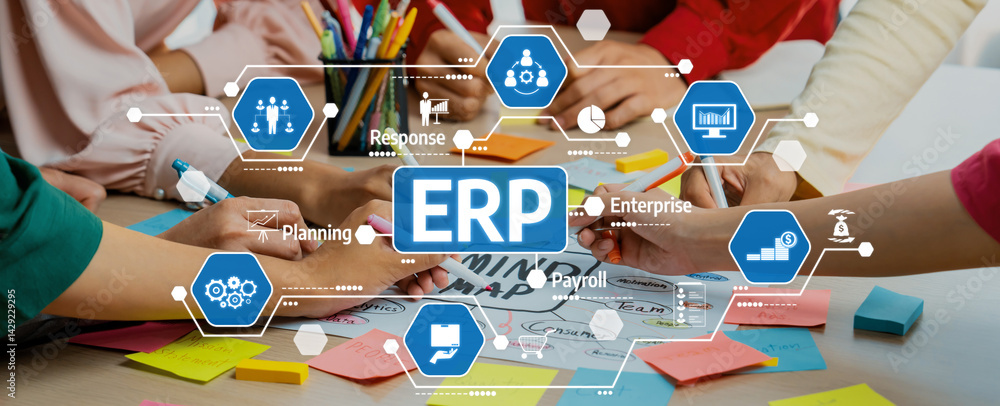 Poster a vibrant workspace showcasing teamwork in enterprise resource planning, featuring hands engaged in 