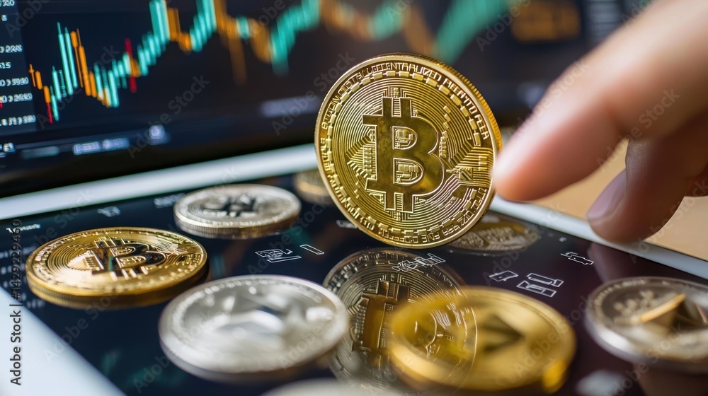 Poster a hand reaches out to a shiny bitcoin as multiple cryptocurrency coins lay on a device's screen show