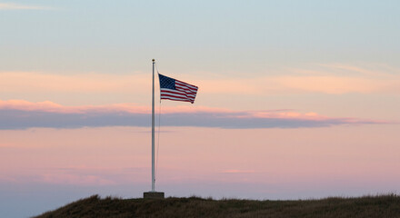 American Flag Waving at Sunset Peaceful Pastoral Landscape
