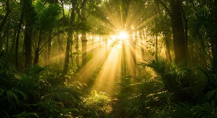 Obraz premium Sunlight Dappled Jungle Path - A sunlit path winds through a lush tropical jungle, symbolizing adventure, serenity, growth, renewal, and discovery