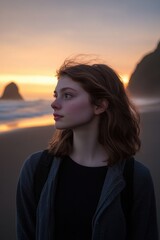 Girl gazing at sunset on beach