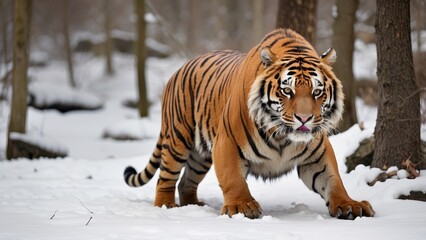 Obraz premium Siberian Tiger Walking in Snowy Wilderness – Majestic Winter Predator