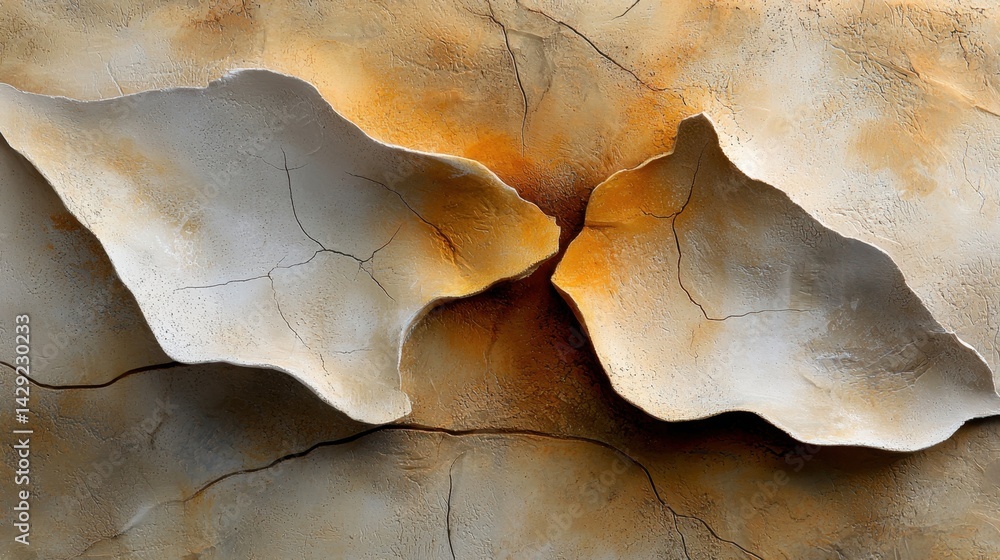 Poster textured clay forms create an abstract display with tones of beige, brown, and orange. the artwork r