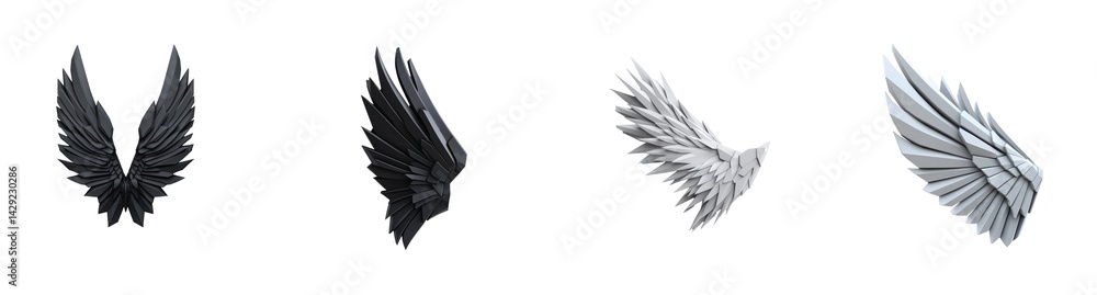 Poster black and white stylized wings in sequence showing detailed feather arrangement and structure