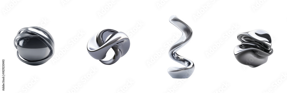 Poster futuristic abstract metal shapes with smooth and reflective surfaces in various unique forms