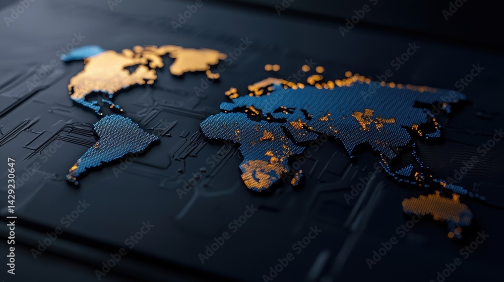 Poster a modern representation of a world map features glowing continents in varying colors on a dark, text