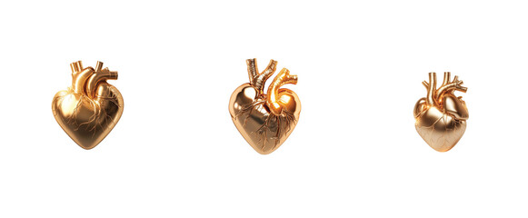 Three shiny golden hearts with intricate detailing in varied sizes