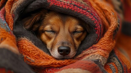 Cozy dog wrapped in colorful knitted blankets sleeping peacefully on black background.