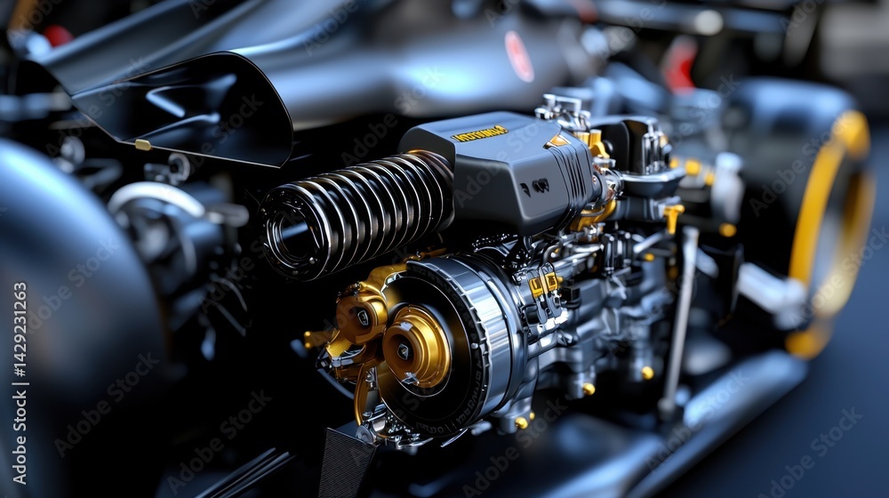 Poster this close-up showcases a high-performance racing engine, emphasizing intricate mechanical component