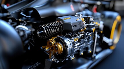 Fototapeta premium This close-up showcases a high-performance racing engine, emphasizing intricate mechanical components and innovative engineering techniques in a competitive motorsport environment