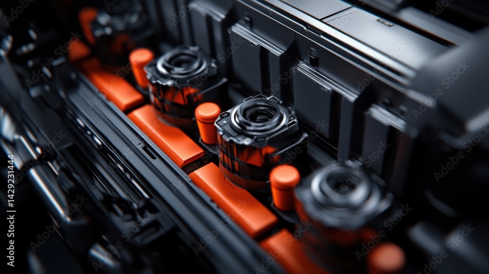 Poster intricate engine parts are displayed in a close-up view, revealing orange highlights and black eleme