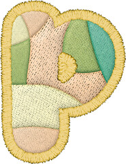 Colorful alphabet patchwork letter lowercase p with embroidery texture and textile design