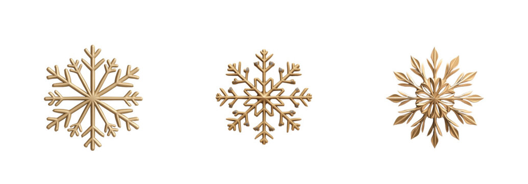 Elegant gold snowflake ornaments in different shapes and designs with fine detailing