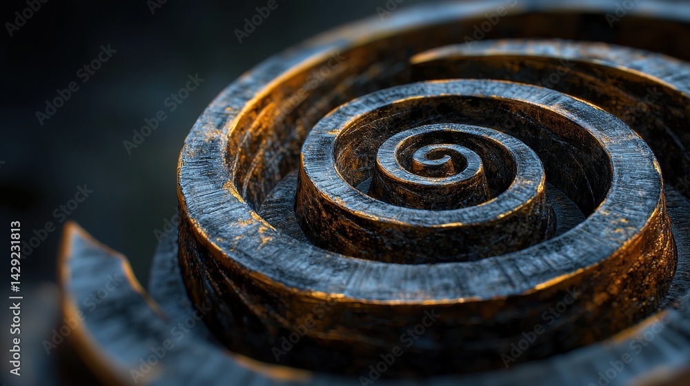 Poster a detailed spiral sculpture made of dark material is illuminated with warm light, showcasing its int