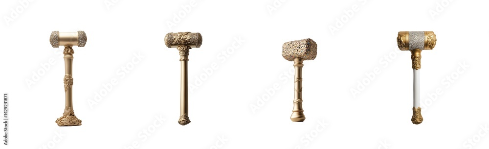 Poster four gold hammers with unique textures and intricate artistic designs in a row displayed