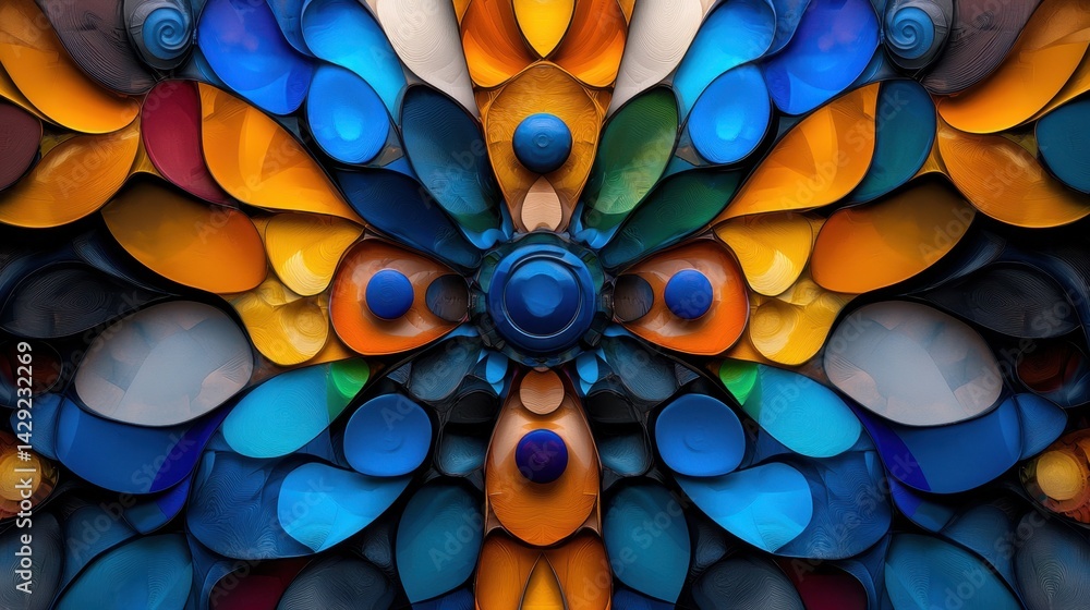 Poster intricate composition showcases a striking array of colorful shapes and patterns, creating a mesmeri