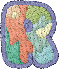 Colorful alphabet patchwork letter uppercase R with embroidery design showcasing textile art