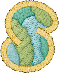 Beautiful patchwork letter lowercase s design featuring embroidery various shades of green and blue