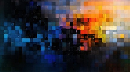 Dynamic blend of colors creates a mosaic effect in this artwork, showcasing vivid blues, fiery oranges, and deep blacks that evoke a sense of twilight allure