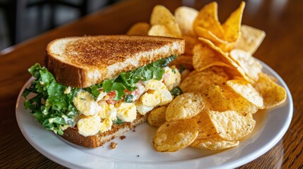 A satisfying meal featuring a freshly made egg salad sandwich with crisp lettuce, served with a side of golden potato chips. Perfect for lunch at a relaxed restaurant setting