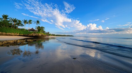 Fototapeta premium A tranquil beach stretches alongside vibrant palm trees, reflecting the hues of the sky during sunset. Gentle waves lap against the shore, creating a peaceful atmosphere