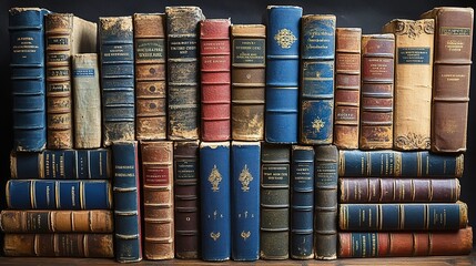 Stacked antique books with ornate spines and aged covers, creati