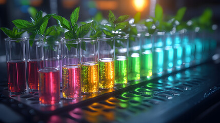 Plant samples in test tubes under color light, symbolizing molecular biology, botany, and lab research