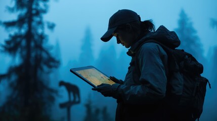 A lone hiker uses a tablet to navigate through a misty forest at dusk, guided by a digital map.