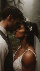 Couple embracing in a misty forest