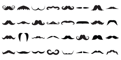 Different moustache silhouettes set. Black hipster, gentleman or barbershop symbols and retro elements. Collection of men's moustaches. Vector illustration on white background.