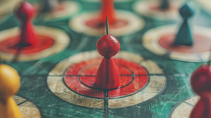A close up of a board game with colorful pieces on a target board with a blurred background view .