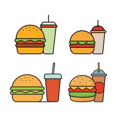Set of fast food icon burger and drink vector art illustration