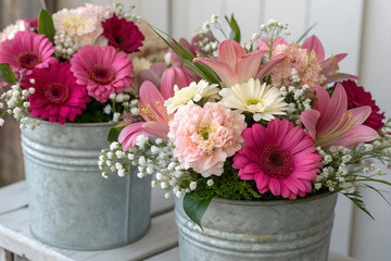 Two Lovely Pink and White Flower Arrangements in Galvanized Buckets