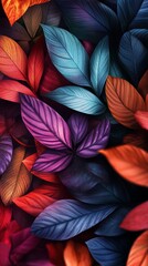 Vibrant autumn leaves in a mesmerizing digital artwork, showcasing a rich palette of deep blues, fiery reds, soft purples, and cool turquoise with intricate leaf vein details 