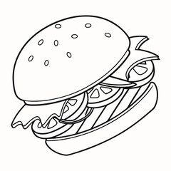 Black and White Burger Sketch – Perfect for Colouring Pages or Food-Themed Graphics.