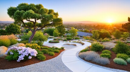 Obraz premium Serene Sunset Landscape With Winding Pathways And Lush Greenery