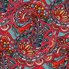 Seamless pattern with multicolor Paisley print.  Hand-drawn illustration.
